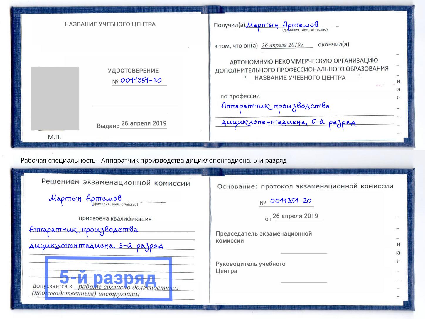 корочка 5-й разряд Аппаратчик производства дициклопентадиена Анжеро-Судженск