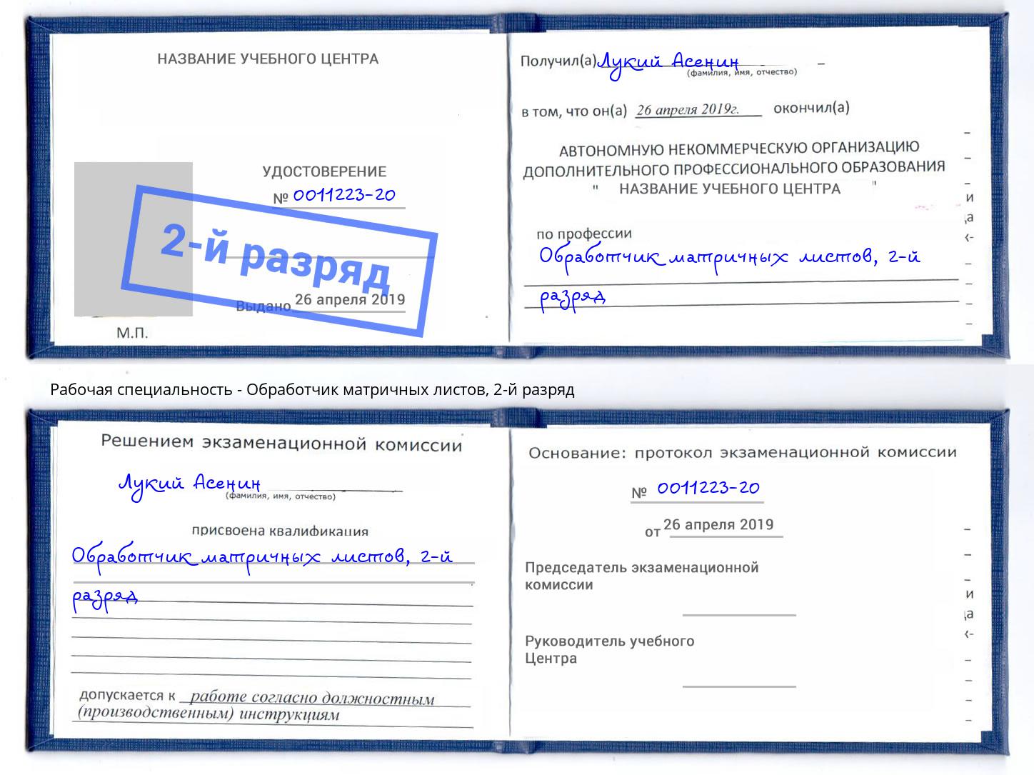 корочка 2-й разряд Обработчик матричных листов Анжеро-Судженск