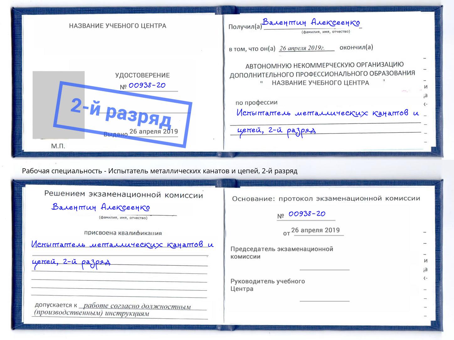 корочка 2-й разряд Испытатель металлических канатов и цепей Анжеро-Судженск